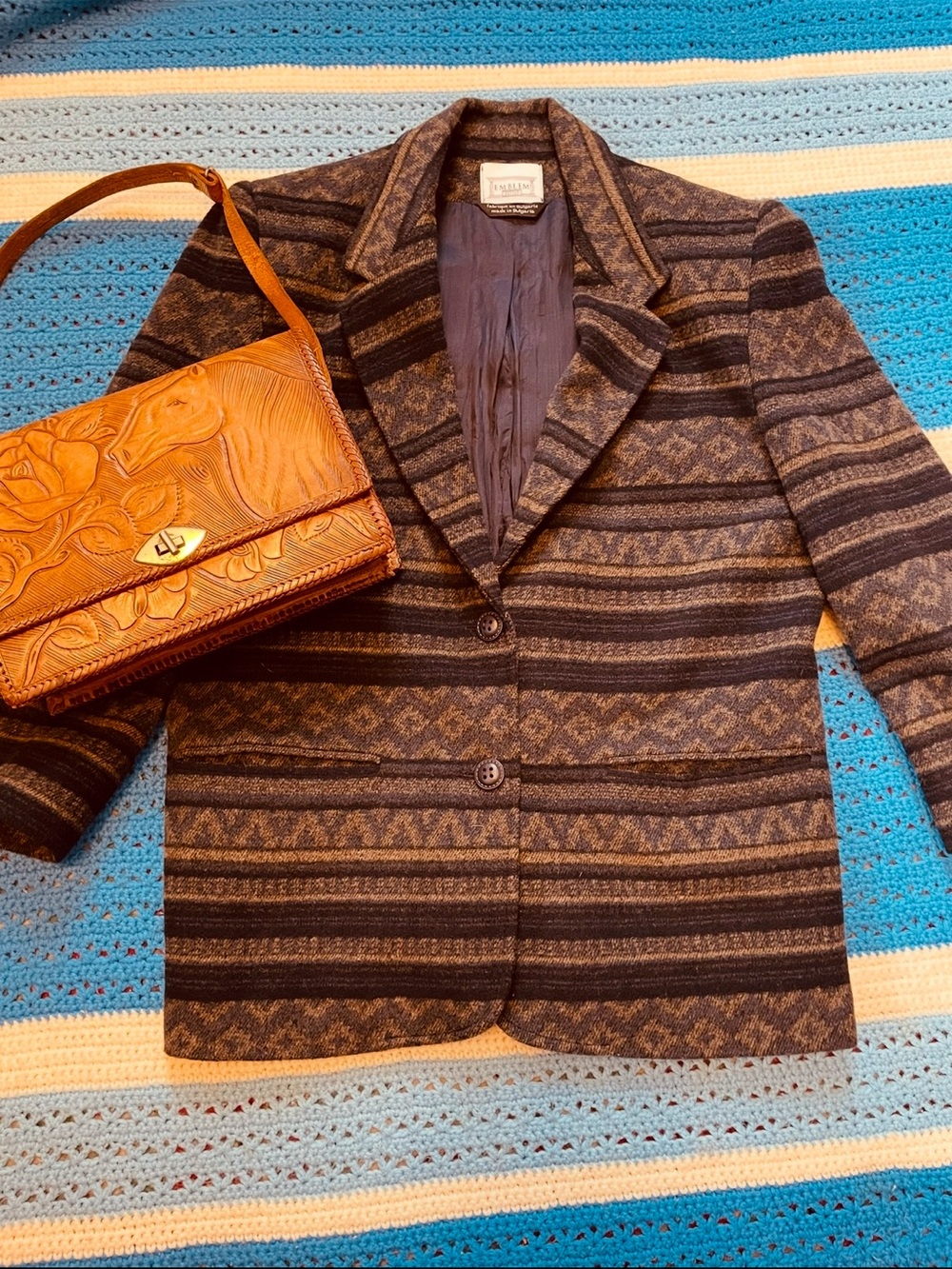 Vintage western Striped Patterned Wool Blend Blazer - navy & neutral tones